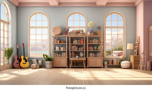 Cozy Home Interior Living Room with Large Windows and Bookshelf