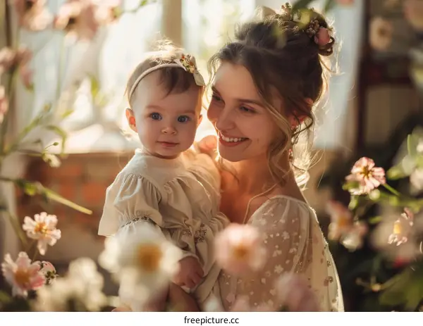 Mother and Daughter Portrait in Floral Setting