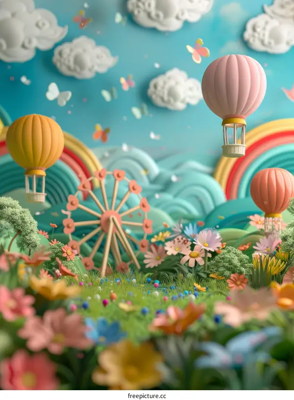 Whimsical 3D illustration of a colorful landscape with hot air balloons, a ferris wheel, and flowers