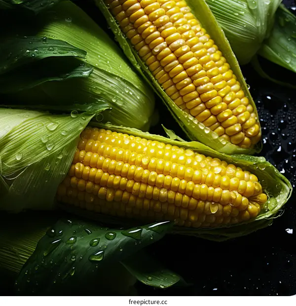 Fresh corn on the cob with green leaves on a black background