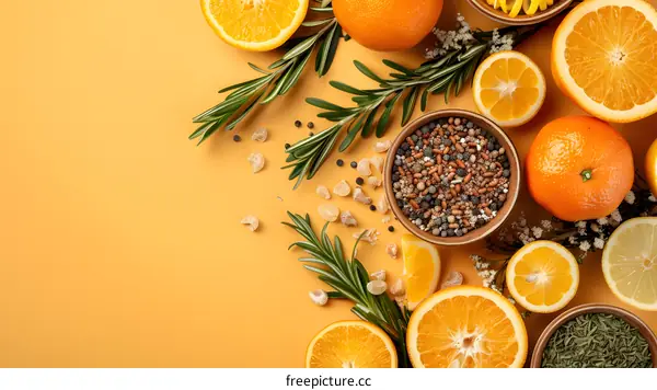 Fresh Orange Slices, Rosemary, Spices and Lemon on Yellow Background