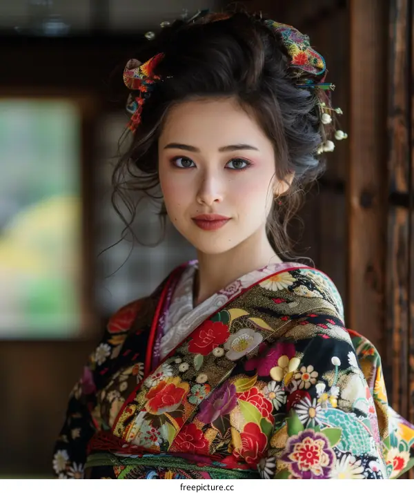 Portrait of a beautiful Japanese woman in traditional kimono