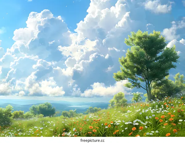 Flowers and green trees in full bloom on the hillside