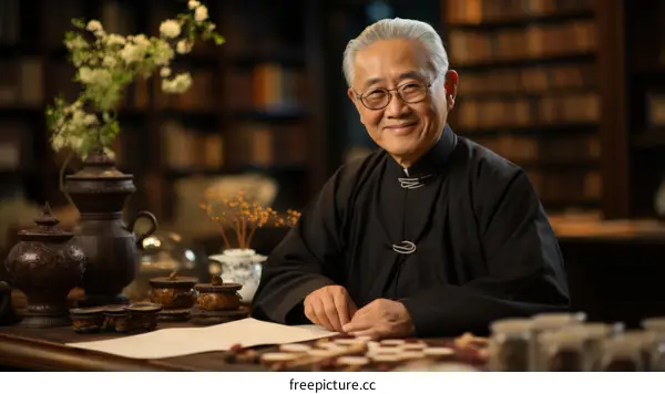 Portrait of a smiling elderly Chinese man in traditional clothing sitting at a desk in a library