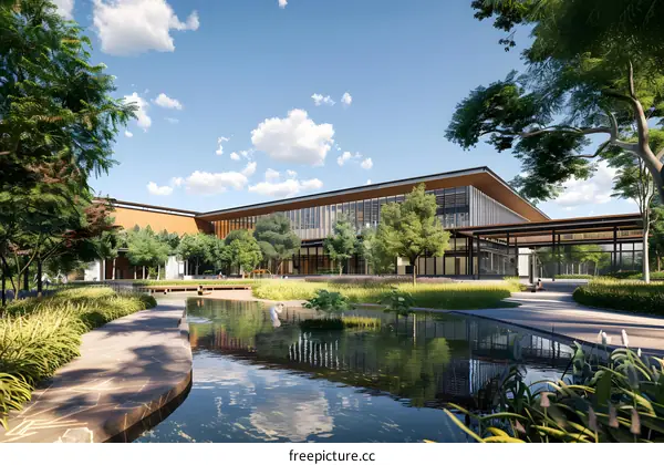 Modern Building with Reflecting Pool and Lush Greenery