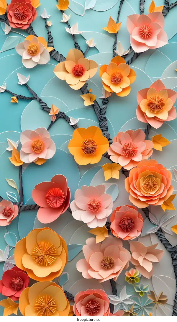 Pink orange paper flowers on blue background