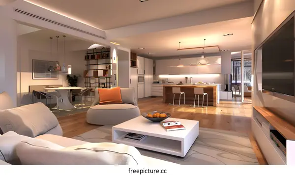 Modern Interior Design Living Room With Open Kitchen And Dining Area