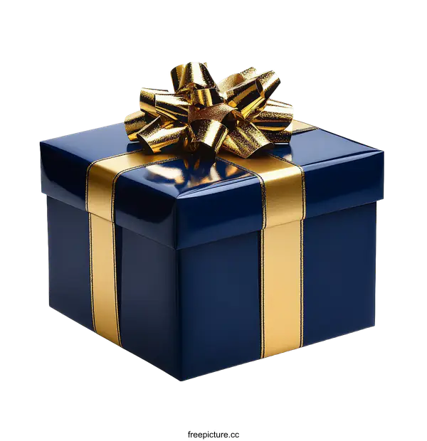 [Transparent Background PNG]Navy Blue Gift Box with Gold Ribbon and Bow