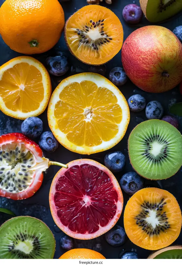 Colorful Variety of Fruits: Orange, Kiwi, Passion Fruit, Blood Orange