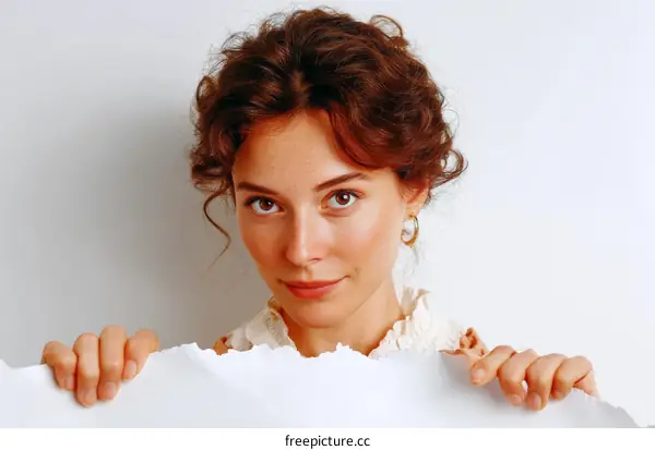 Woman Holding Torn Paper Unveiling Blank Space
