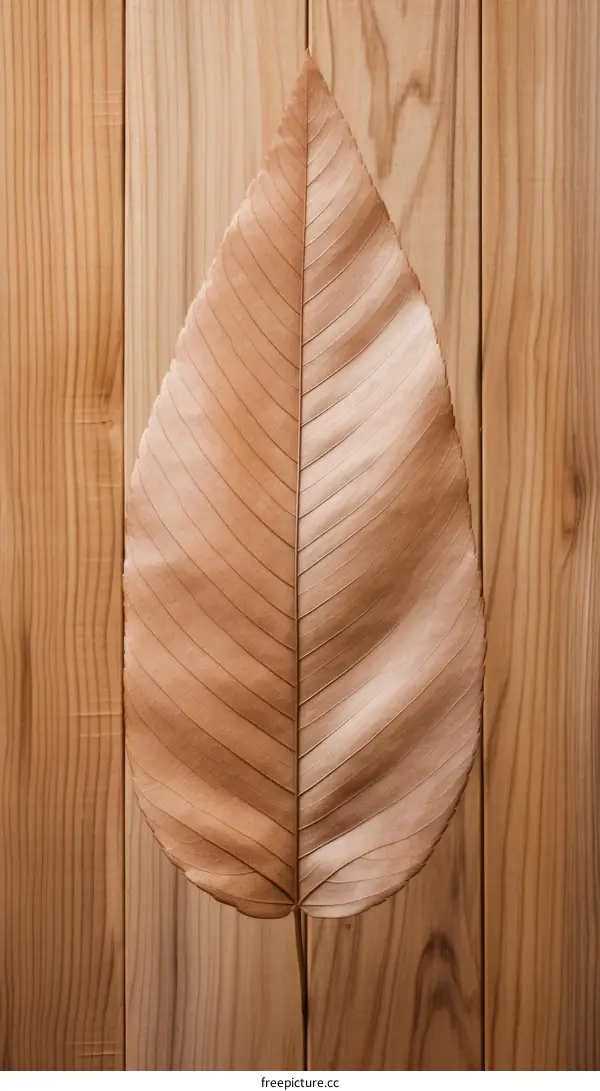Single Brown Leaf on Wooden Background