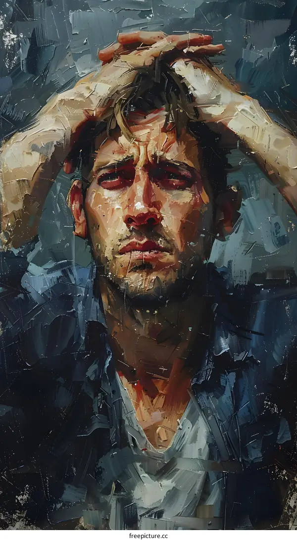Man Holding His Head In Pain Oil Painting Portrait