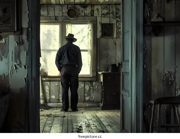 Man Standing in Abandoned House Looking Through Window