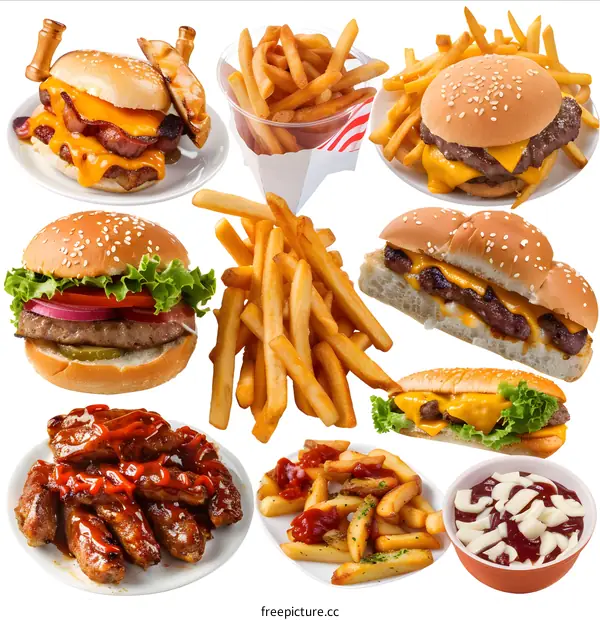 Fast Food Combo Set with Burgers, Fries, and Chicken Wings