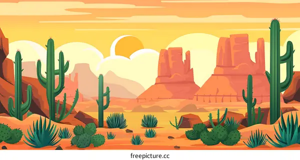 Sunset Desert Landscape with Cacti