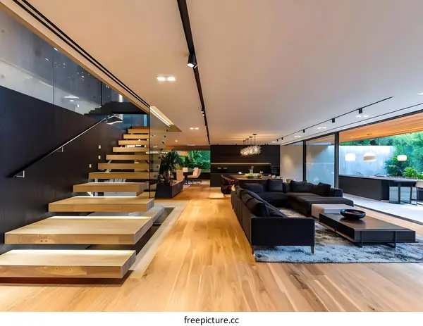 Modern Interior Design with Wooden Stairs and Glass Railing