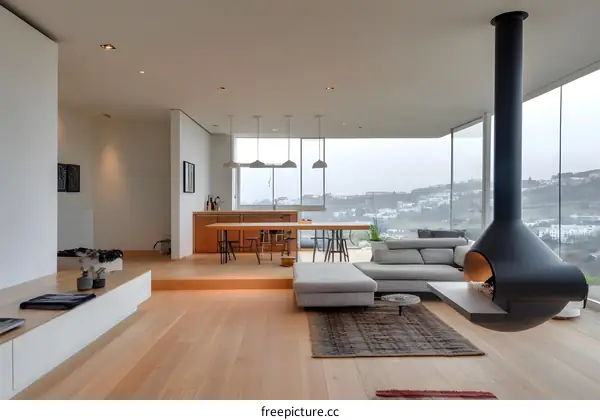 Modern Living Room with Hanging Fireplace and Panoramic View