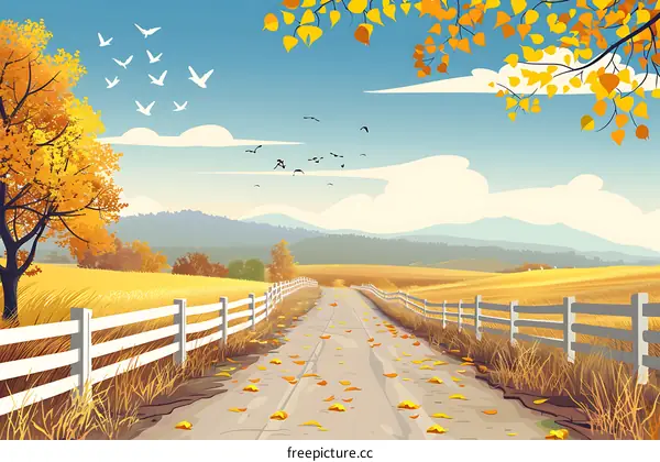 Fall Landscape with Road and White Fence
