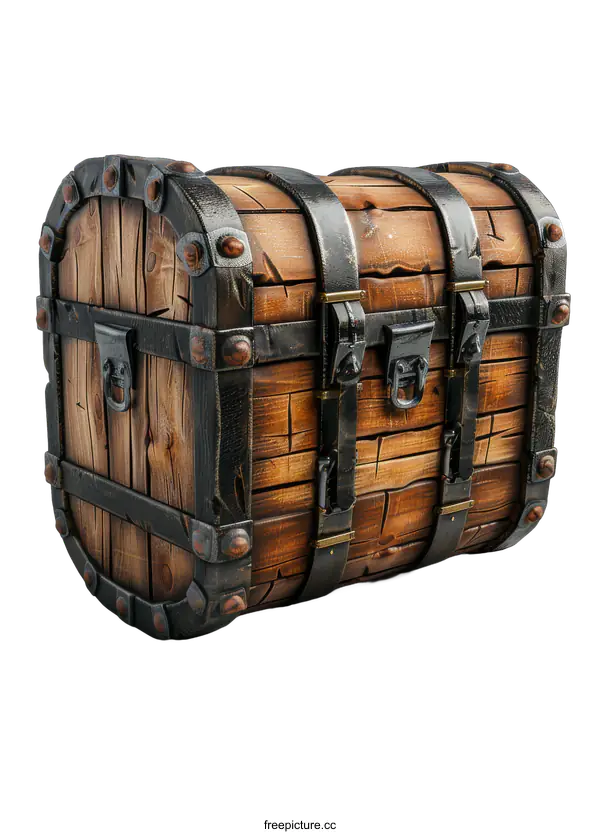 [Transparent Background PNG]An old wooden treasure chest with rusty metal bands and hinges on a black background