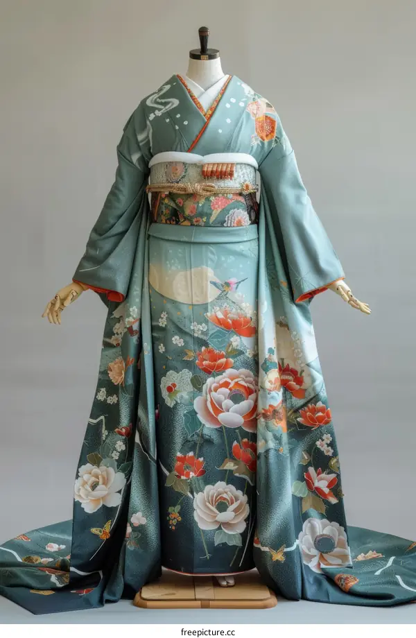 A kimono with a pattern of flowers and birds