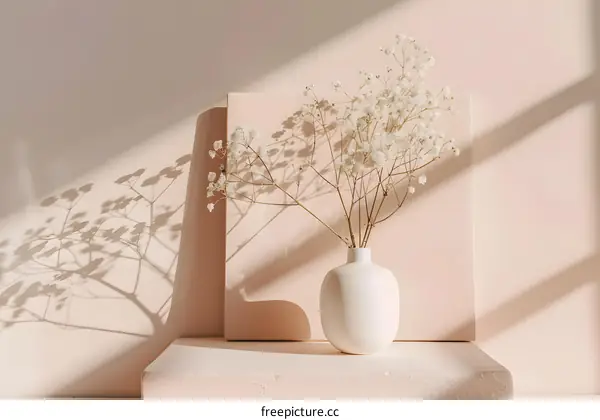 White Flowers in a White Vase on a Pink Background