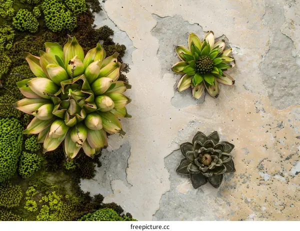 Green Succulents on Cracked Concrete Background