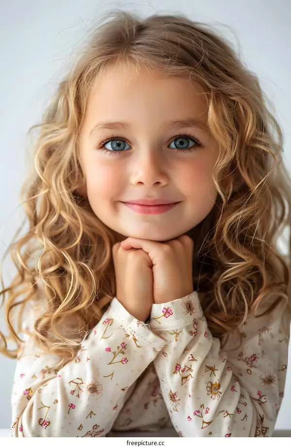 Portrait of Adorable Little Girl with Curly Blonde Hair