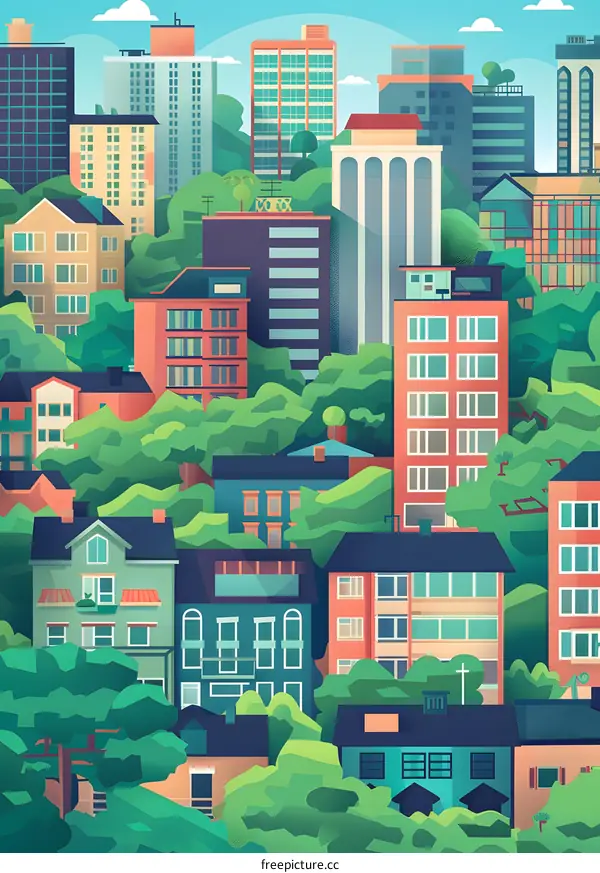 Colorful Illustration of Buildings and Trees in a City