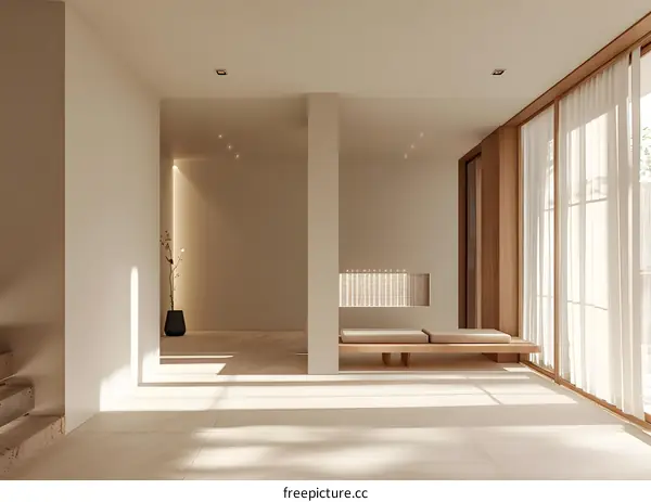 Minimalist Interior Design With Wooden Accents And Sunlight