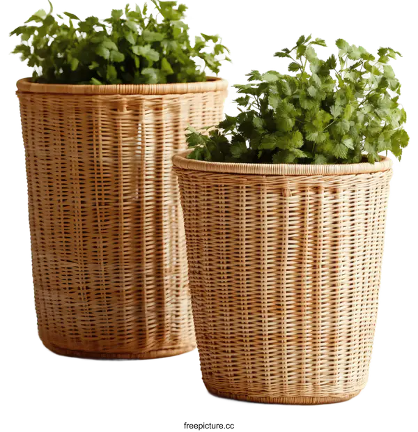 [Transparent Background PNG]Two Woven Wicker Planters for Herbs