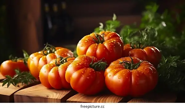 A wooden table covered with ripe red tomatoes