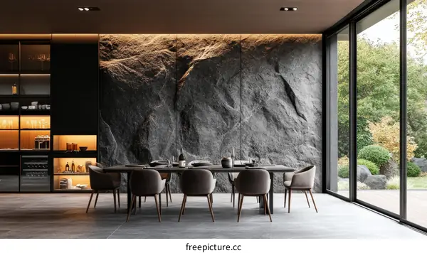 Modern Dining Room with Stone Wall Design