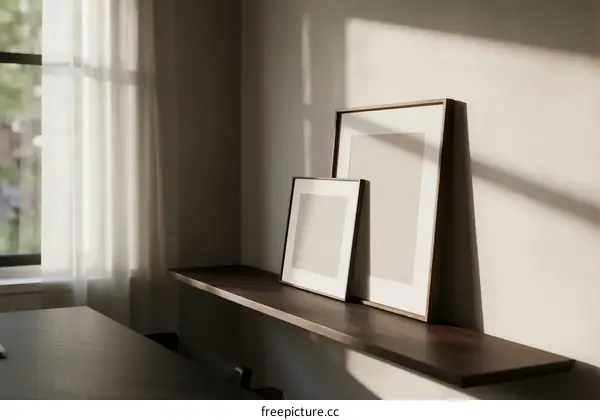Sunlit Interior with Framed Artworks on Wooden Shelf
