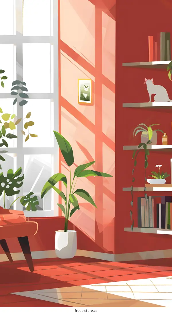 Sunlight Streaming Through Window In Living Room With Plants And Bookshelf