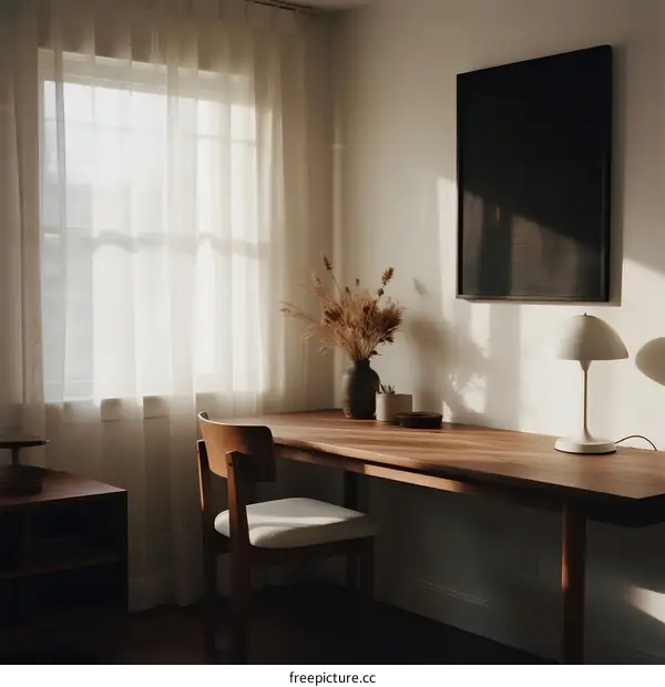 Minimalist home office with wooden desk and sheer curtains