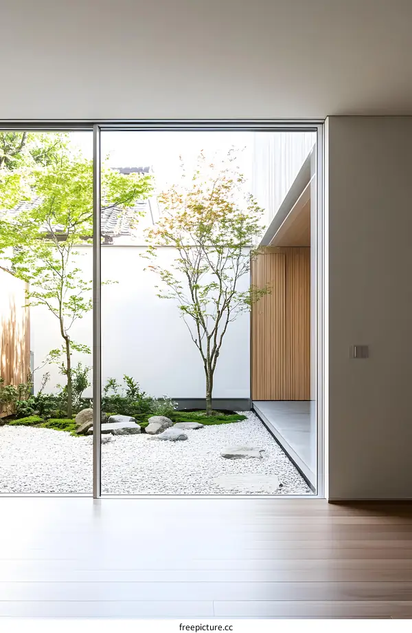 Modern Minimalist Japanese Garden View Through Glass Window