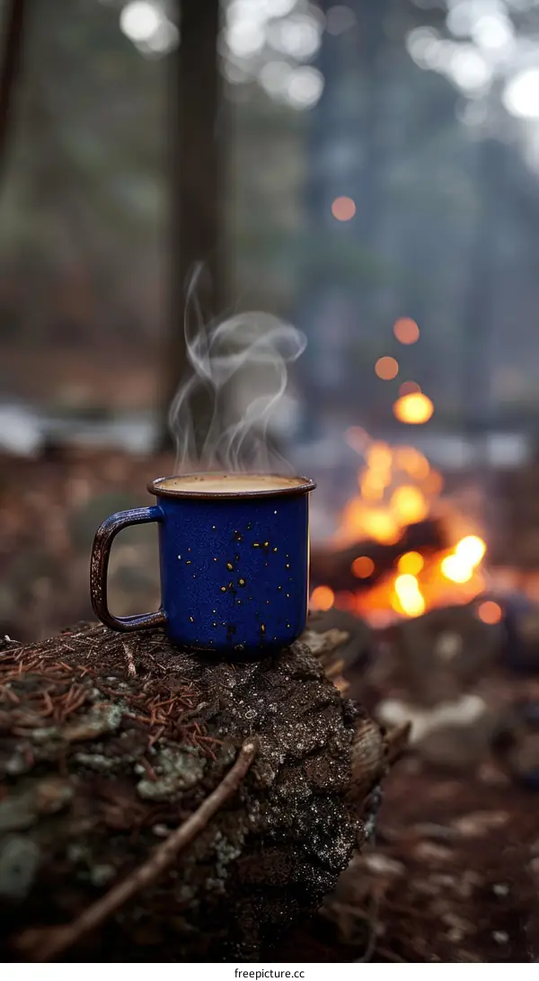 Blue Mug on Wood with Fire in Background