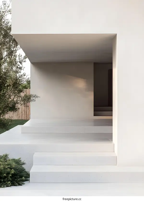Minimalist White Concrete Steps Leading To Modern Home Entrance