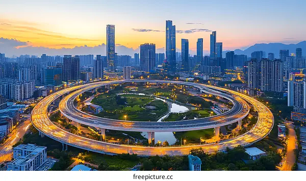 Urban Highway System with City Skyline