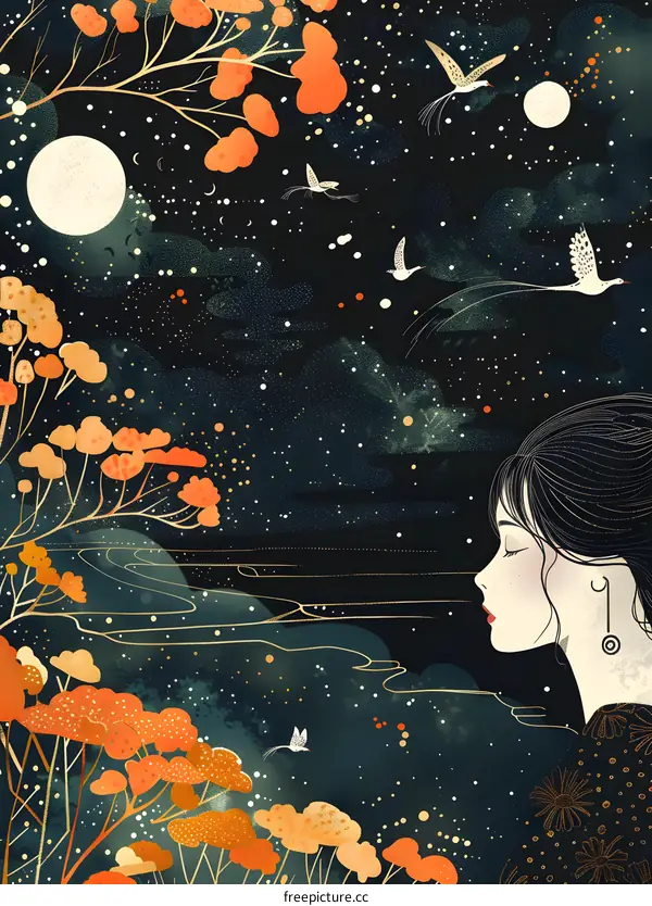 A woman standing in a field of flowers at night looking at the moon with a starry night sky and a river flowing through the field