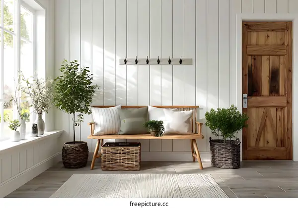 Cozy Farmhouse Entryway with Wooden Bench
