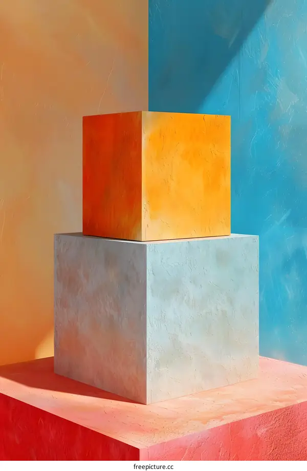 3d rendering of two concrete cubes on a pink platform against a blue and orange background