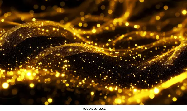 Golden particles flowing in a wave pattern on a black background