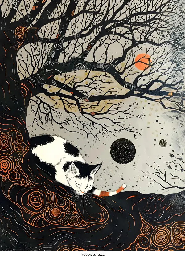 Sleeping Cat Underneath a Tree with an Abstract Background