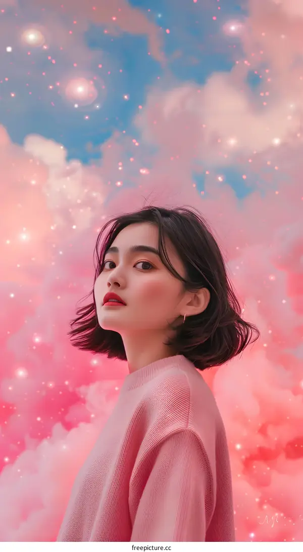 Woman with Short Hair Standing in Front of a Pink Galaxy