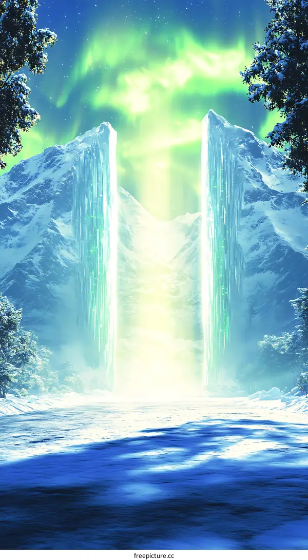 Snowy Landscape With Bright Green Aurora Borealis