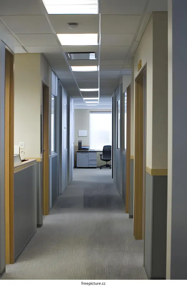Empty Office Hallway With Grey Carpet And Wooden Doors