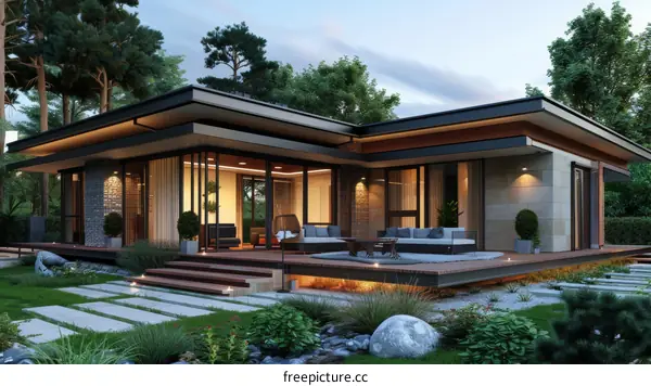 Modern Luxury Home with Serene Garden and Pristine Landscaping