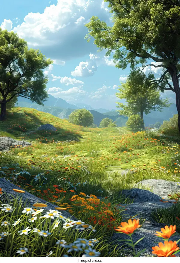 Colorful Flowers and Mountains Landscape