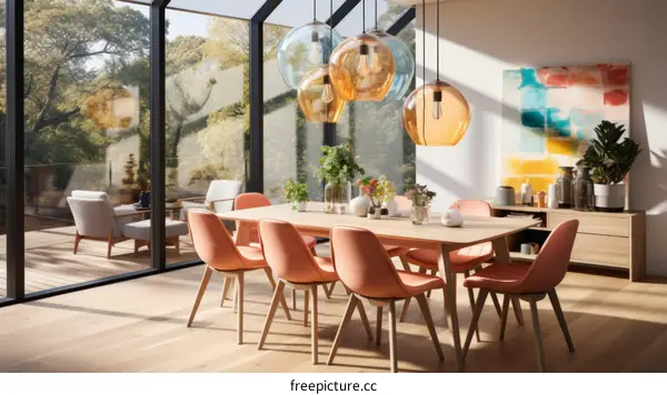 A beautiful dining room with a large wooden table and pink chairs